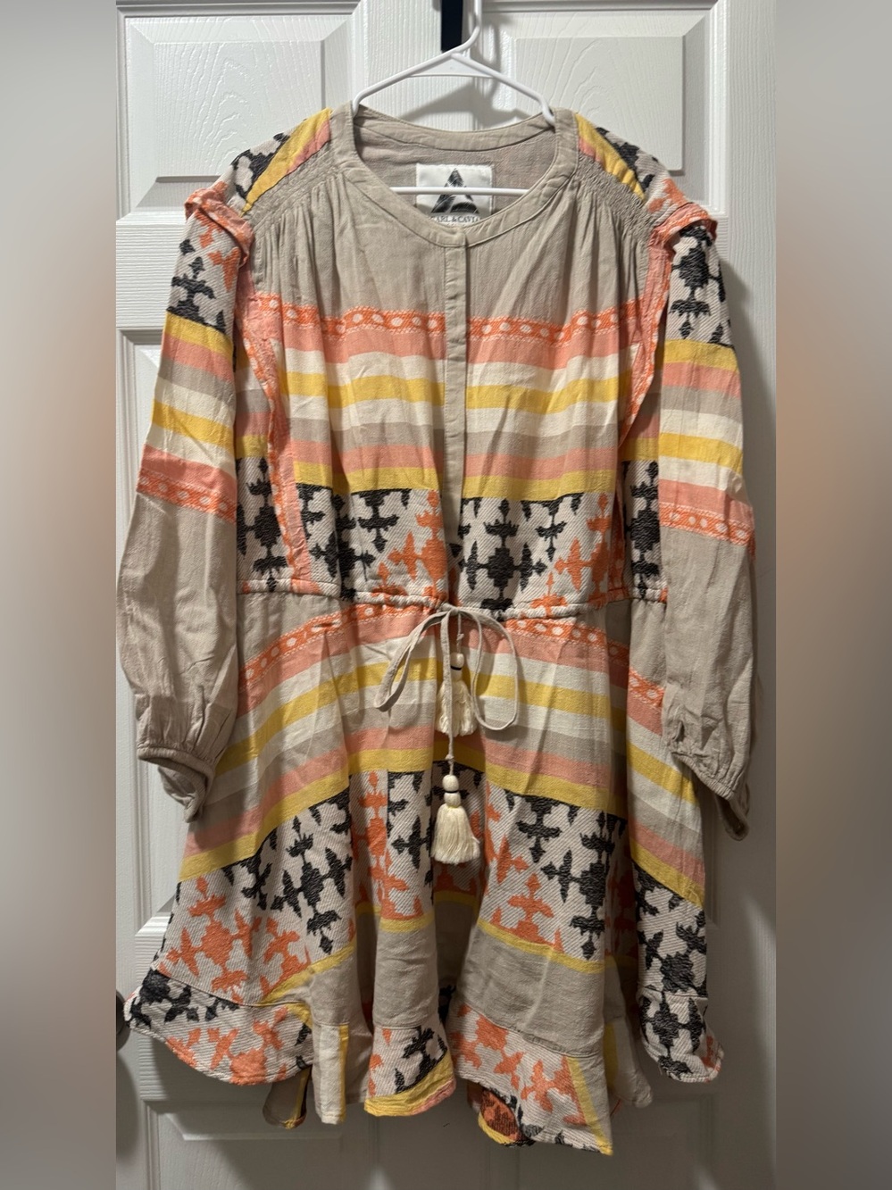 Tie-Waist Boho Midi Dress in Beige with Coral & Yellow Stripes